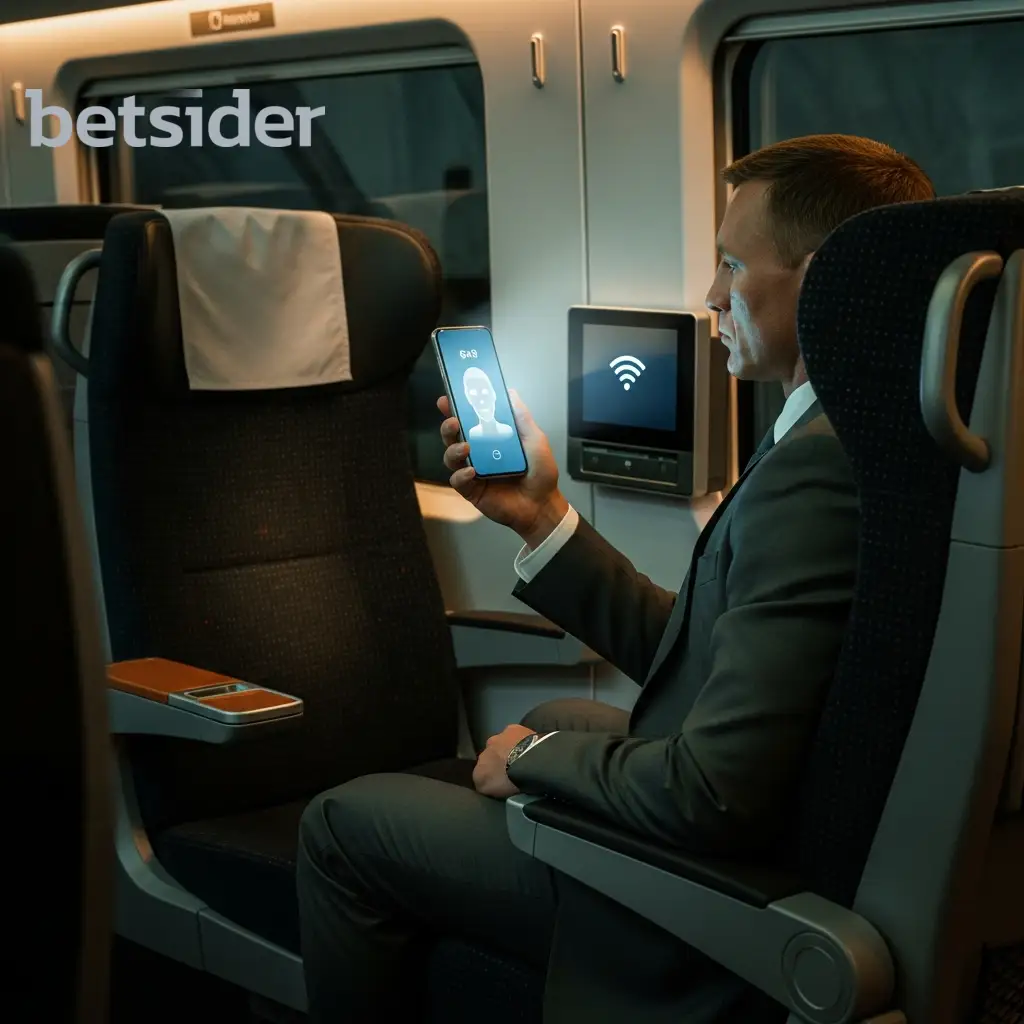 A commuter on a train using facial recognition to unlock a phone.